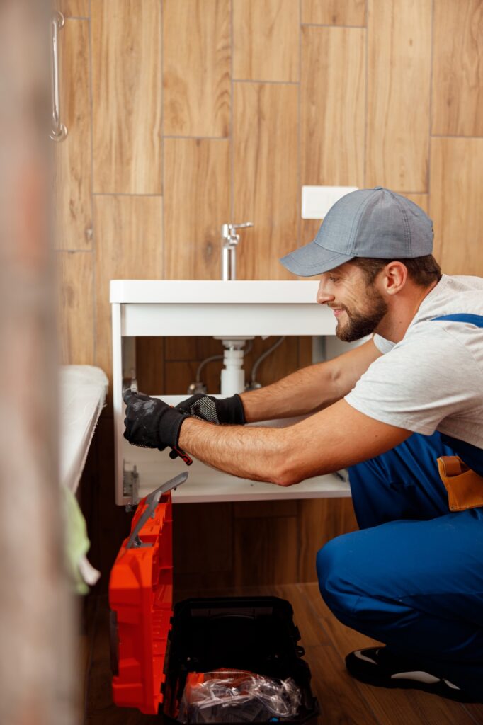 Professional plumber, male worker in uniform looking busy while fixing sink in apartment